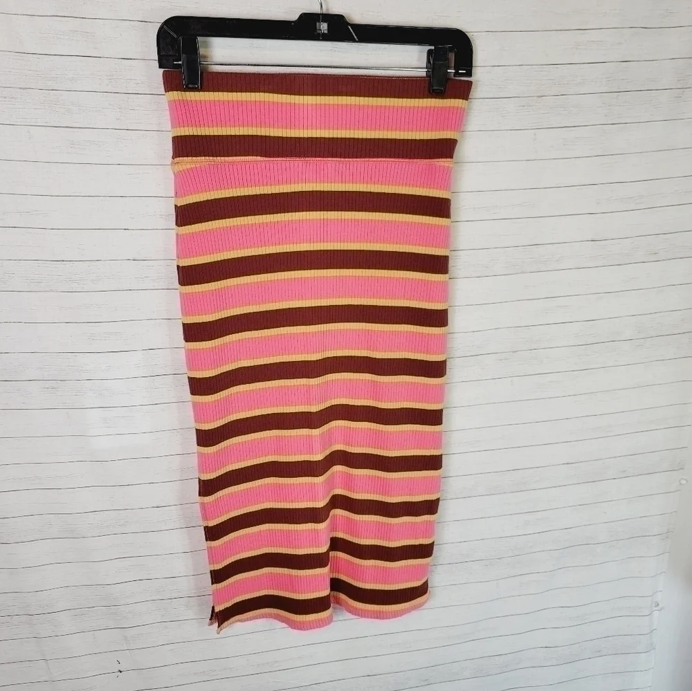 AERIE RIBBED STRIPED PULL ON MIDI SKIRT, SZ MEDIUM